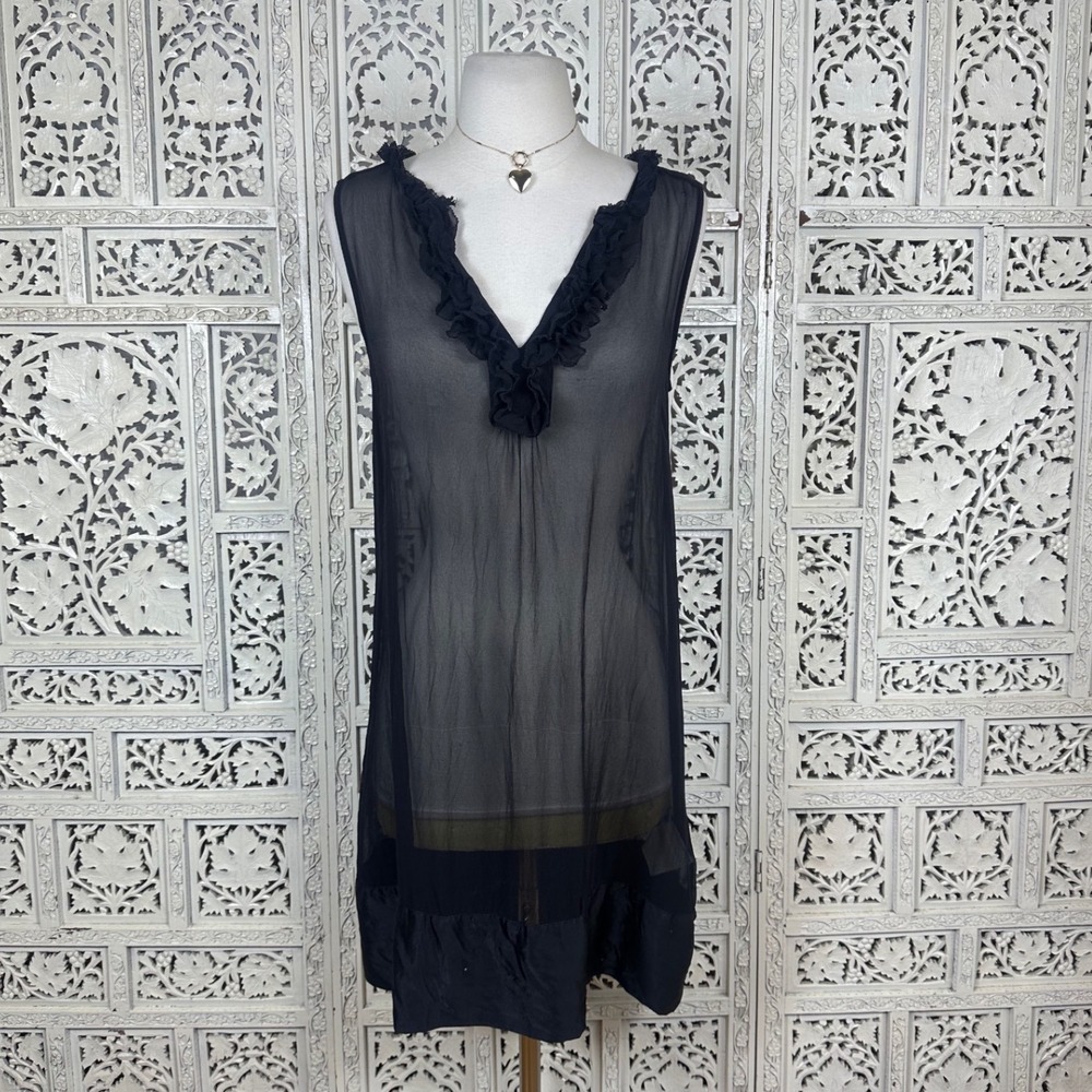 Vintage GAP Black Sheer 100% Silk‎ Whimsygoth Ruffle Nightgown Dress Sz Medium